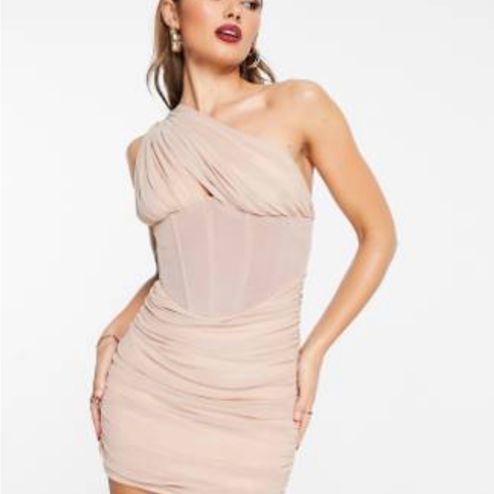 Rare London Ruched One Shoulder corset mini Dress in blush